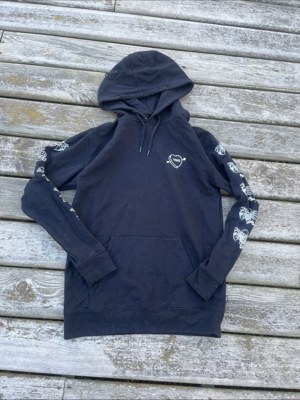 Vans Black Hoodie with White Sleeve Heart Graphics
